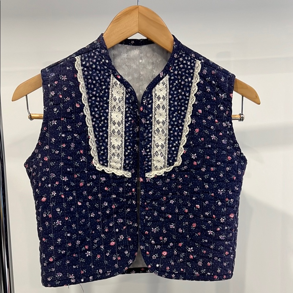 Floral Navy Blue Vest with Lace Trim